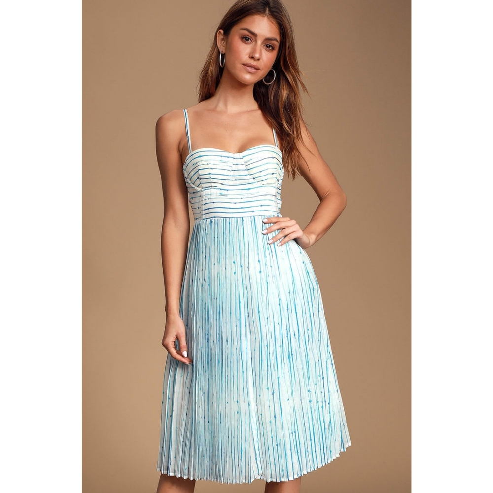 Lulus Summer in Santorini White and Blue Striped Midi Dress Small